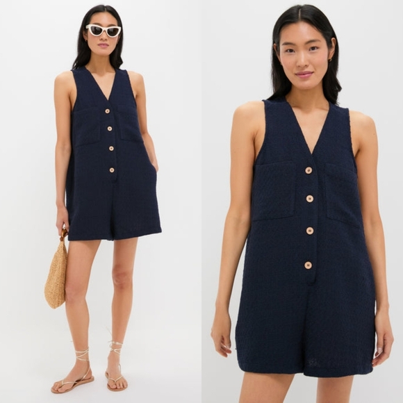 Tuckernuck Pants - Tuckernuck Textured Myla Romper Navy Blue Sleeveless, Size XS